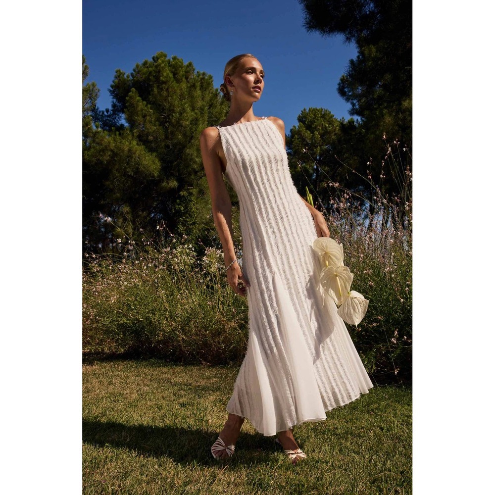Lady Pipa Vestido Leone Marfil White Fringed Square Neck Maxi Dress XXS New
